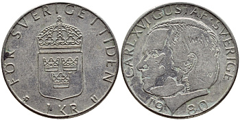 Швеция 1 крона 1980 Карл XVI Густав (1973- ) KM 852 медь плакированная медно-никелем 4397-955