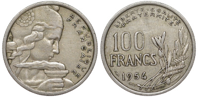 Франция 100 франков 1954 KM 919.1, Le Franc 450.2 медно-никель 51-2825