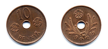 ФИНЛЯНДИЯ 10 ПЕННИ 1943 KM 33.1 медь 51-5033