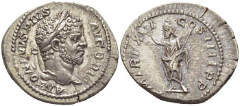 Римская Империя денарий 213 Каракалла, ANTONINVS PIVS AVG BRIT, бюст императора / PM TRP XVI COS IIII PP, Серапис, Рим, 3,40 гр RIC 208a серебро 1073-18-66