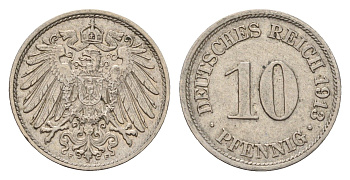 Германия 10 пфеннигов 1913 F, Вильгельм II (1888-1918) KM 12, J. 13 медно-никель 4636-1017