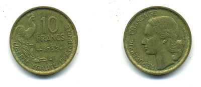 Франция 10 франков 1952 петух KM 915.1, Le Franc 363.4 алюминиевая бронза 84-555