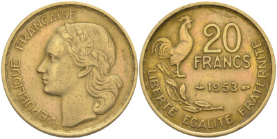ФРАНЦИЯ 20 ФРАНКОВ 1953 4 PLUMES KM 917.1 алюминиевая бронза 186-412