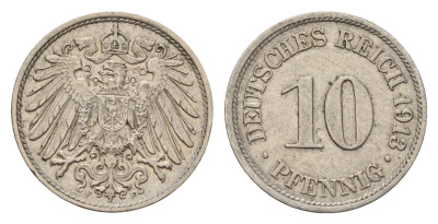Германия 10 пфеннигов 1913 F, Вильгельм II (1888-1918) KM 12, J. 13 медно-никель 4636-1017