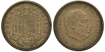 ИСПАНИЯ 1 ПЕСЕТА 1963 (65) ФРАНСИСКО ФРАНКО ДИКТАТОР ИСПАНИИ (1939-1975) KM 775 алюминиевая бронза 4182-237