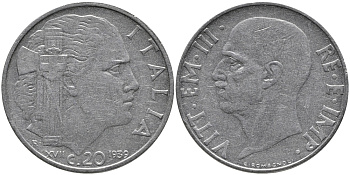 ИТАЛИЯ 20 ЧЕНТЕЗИМО 1939 R, ВИКТОР ИМАНУИЛ, XVII ГОД, НЕМАГНИТНАЯ KM 75d нержавеющая сталь 86-1451