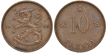 Финляндия 10 пенни 1939 KM 24 медь 51-3056