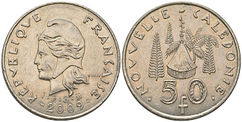 Французская Новая Каледония 50 франков 2009 хижина среди сосен и пальм, (IEOM) KM 13a, Schoen 15a, Lec 128i медно-никель 115-942