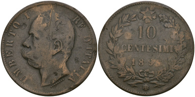 ИТАЛИЯ 10 ЧЕНТЕЗИМО 1893 B/I, УМБЕРТО I (1878-1900) KM 27.1 медь 08-1212