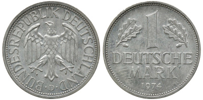 ФРГ 1 МАРКА 1974 D KM 110, J. 385 медно-никель aUNC 72-836