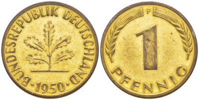 ФРГ 1 ПФЕННИГ 1950 F KM 105, J.380 сталь плакированная медью 4532-567