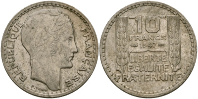 Франция 10 франков 1947 тип Пьер Турин KM 908.1, Le Franc 361.4 медно-никель 4120-1223