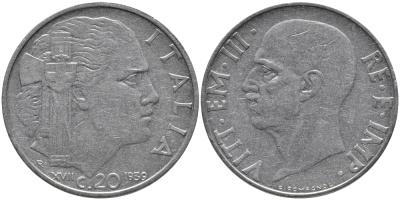ИТАЛИЯ 20 ЧЕНТЕЗИМО 1939 R, ВИКТОР ИМАНУИЛ, XVII ГОД, НЕМАГНИТНАЯ KM 75d нержавеющая сталь 86-1451