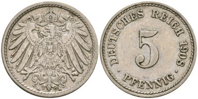 Германия 5 пфеннигов 1908 A KM 11, Jager 12, Weege 6 медно-никель 4364-4524