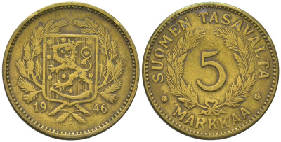 Финляндия 5 марок 1946 S KM 31a латунь 4586-135
