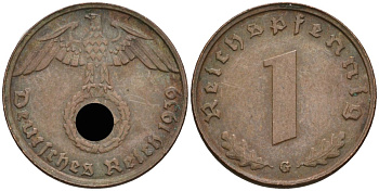 Германия 1 рейхспфенниг 1939 G KM 89, J 361 бронза 4136-1235