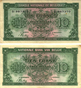 БЕЛЬГИЯ 10 ФРАНКОВ 1944 1 ФЕВРАЛЯ 1943, КОРОЛЬ В ИЗГНАНИИ Pick 122 бумага VF 7552-30-1-2