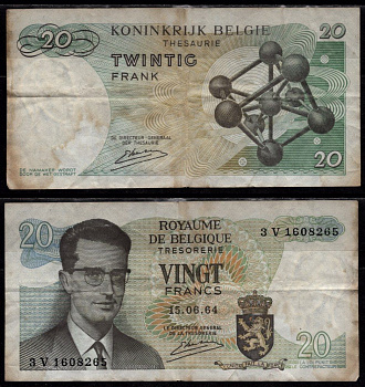 Бельгия 20 франков 1964 Бодуэн I; Атомиум, Брюссель Pick 138 (3) бумага 7548-119-2-1