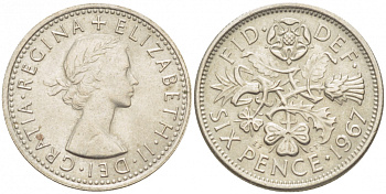 Великобритания 6 пенсов 1967 Елизавета II (1952-2022) KM 903, Spink 4149 медно-никель 214-1068