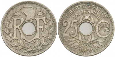 ФРАНЦИЯ 25 САНТИМОВ 1922 ТИП ЛИНДАЙЁ KM 867а, LE FRANC 171.6 медно-никель 4402-824
