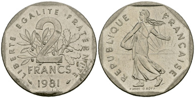 Франция 2 франка 1981 сеятель KM 942.1, Le Franc 272.3 никель 4120-1112