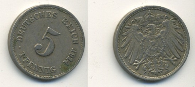 ГЕРМАНИЯ 5 ПФЕННИГОВ 1914 F, KM 11, J. 12 медно-никель 54-566