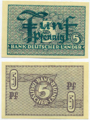 ФРГ 5 ПФЕННИГОВ 1948 BANK DEUTSCHER LANDER Pick 11a, Rosenberg 250b бумага UNC (ПРЕСС) 8613-14-2-2