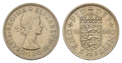 Великобритания 1 шиллинг 1966 Елизавета II (1952-2022), Английский герб KM 904, Spink 4147 медно-никель 4177-522