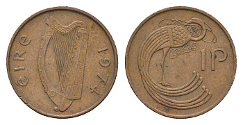 Ирландия 1 пенни 1974 мифологическая птица лира KM 20 бронза 4690-355