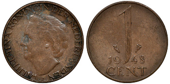 Нидерланды 1 цент 1948 Вильгельмина (1890-1948), год тип KM 175 бронза 72-1015