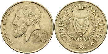 Кипр 20 центов 1991 KM 62.2 никель латунь 4140-815