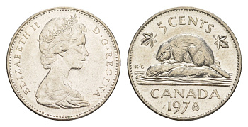 Канада 5 центов 1978 Елизавета II (1952-2022), бобр KM 60.1 никель 4636-614