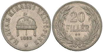Венгрия 20 филлеров 1893 KM 483 никель 4615-534