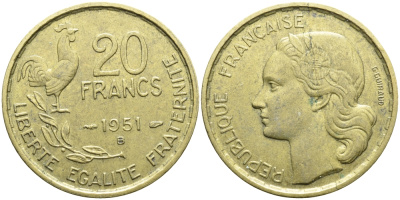 ФРАНЦИЯ 20 ФРАНКОВ 1951 B, ПЕТУХ, 4 ПЕРА KM 917.2, LE FRANC 402.8 алюминиевая бронза 4393-1157