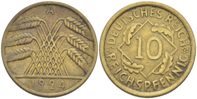 ГЕРМАНИЯ 10 РЕЙХСПФЕННИГОВ 1924 A KM 40, J. 317, Weege 9 алюминиевая бронза 212-745