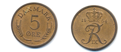 ДАНИЯ 5 ЭРЕ 1964 C; S, ФРЕДЕРИК IX (1947-1972) KM 848.1 бронза 51-4335