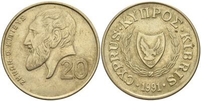 Кипр 20 центов 1991 KM 62.2 никель латунь 4140-815