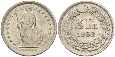 Швейцария 1/2 франка 1968 B KM 23a медно-никель 4608-528