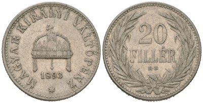 Венгрия 20 филлеров 1893 KM 483 никель 4615-534