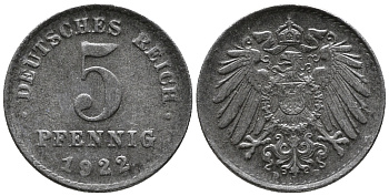 ГЕРМАНИЯ 5 ПФЕННИГОВ 1922 D KM 19, J. 297 железо 39-312