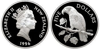 Новая Зеландия 5 долларов 1996 попугай кака KM 97 a серебро PROOF 4-3-4-41