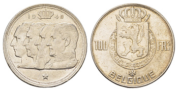 Бельгия 100 франков 1948 Леопольд III (1934-1950), Belgique KM 138 серебро 1519-741
