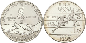 США 1 доллар 1995 Р, XXVI Олимпийские игры в Атланте, легкая атлетика KM 264 серебро PROOF 11-345-15