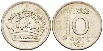 Швеция 10 эре 1956 Густав VI Адольф (1950-1973) KM 823 серебро 4585-338