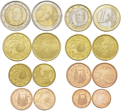 Испания полный евронабор из 8 монет 2002 1, 2, 5, 10, 20, 50 евроцентов, 1 и 2 евро KM 1040, 1041, 1042, 1070, 1071, 1072, 1073, 1074 4685-411-418