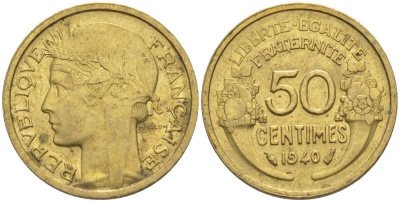 ФРАНЦИЯ 50 САНТИМОВ 1940 ТИП MORLON KM 894.1, LE FRANC 192.17 алюминиевая бронза 44-761