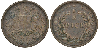 Британская Индия 1/2 пайса 1853 KM 464 медь 4132-1241