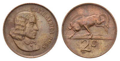 ЮАР 2 цента 1965 Ян ван Рибек (1619-1677), South Africa, легенда на английском, антилопа KM 66.1 бронза 4693-543