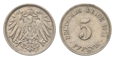 Германия 5 пфеннигов 1911 A KM 11, J. 12 медно-никель 4696-646