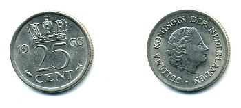 Нидерланды 25 центов 1966 Юлиана (1949-1980) KM 183 никель 76-513